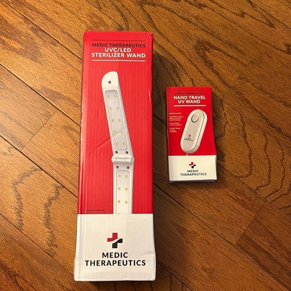 Medic therapeutics: UVC/LED sterilizer wand and travel UV wand.